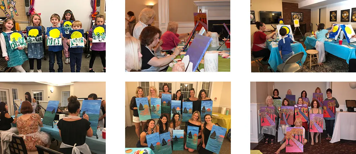 A group of kids holding the painting art, people doing painting and a group of women posing for a picture with painting art