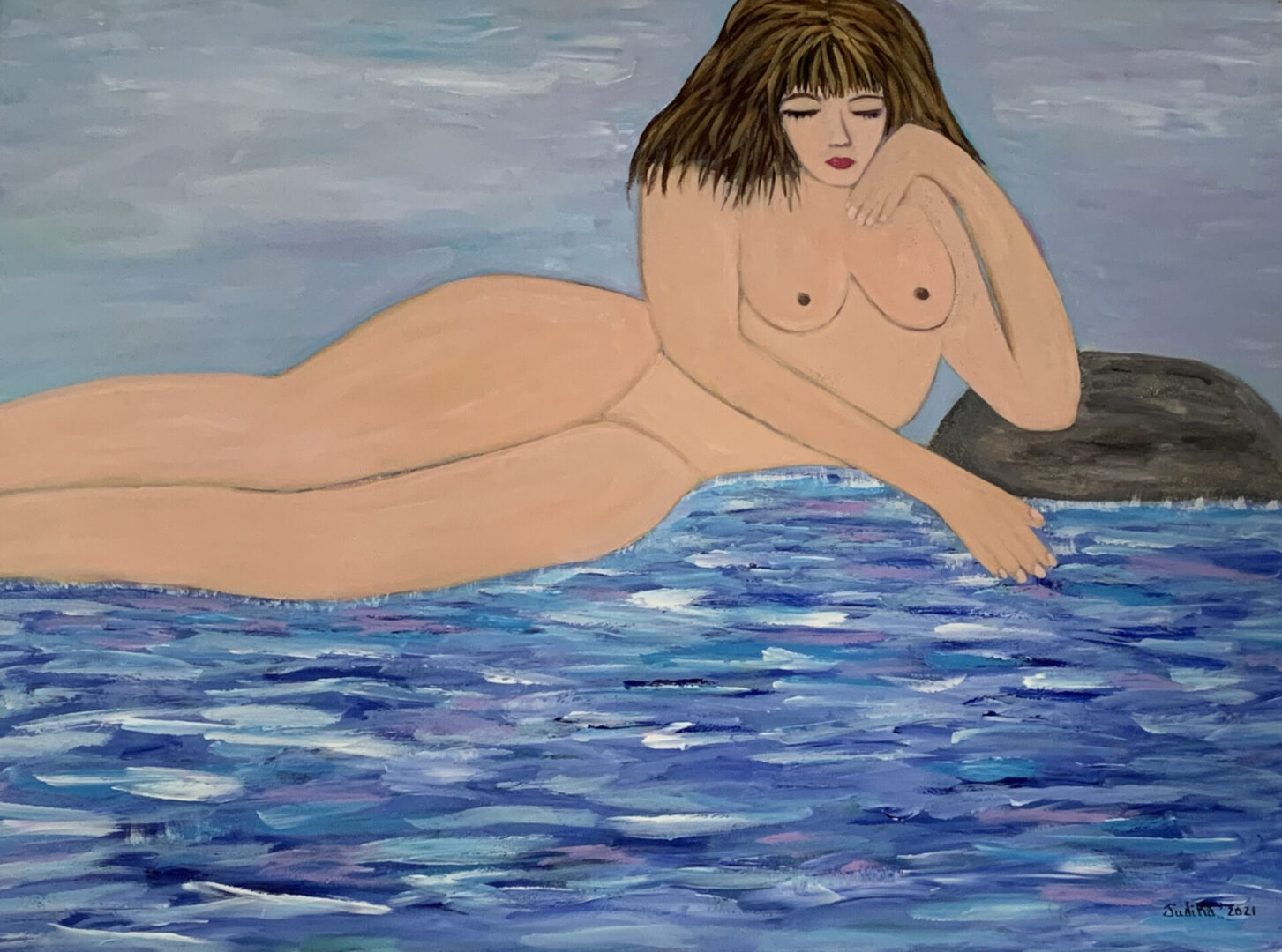 Art work of a naked girl is Meditating in water