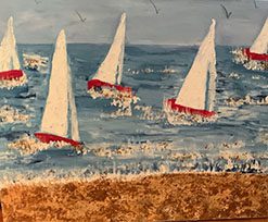 Sail Away art work with white and red sails