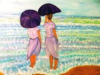 Windswept Secrets art work with two girl holding umbrella
