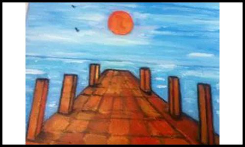 Dock at Sunset art work drawn with orange sun and dock
